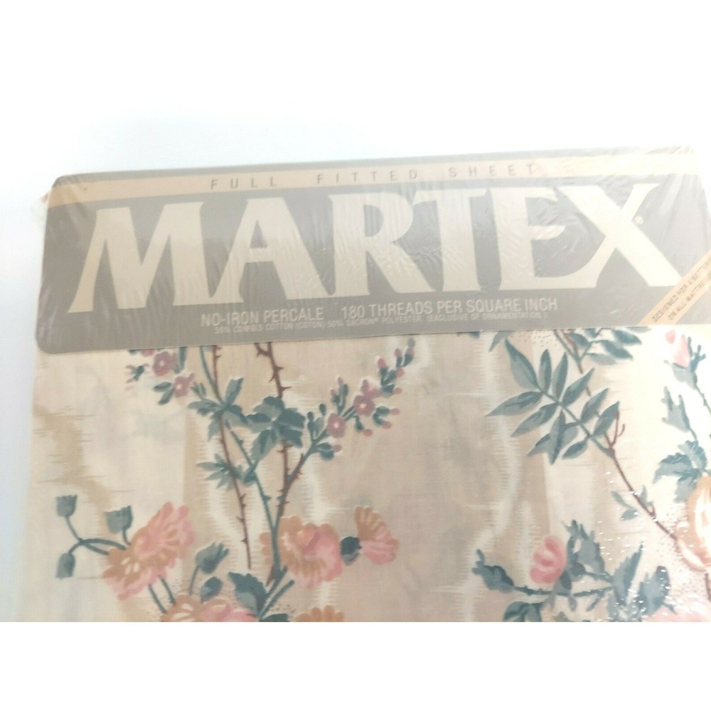 Martex Full Fitted Bed Sheet No Iron Percale Beige w/ Floral‎ Design W54''xL74''